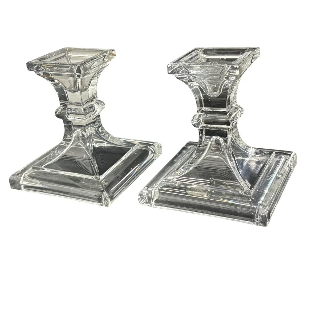 Bohemia VTG Style Clear Glass Square Base Taper Candlestick Holders Set of 2